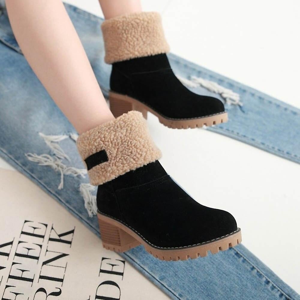 Women Winter Boots Short Snow Flock Warm Bootie Shoes Slip On Short Ankle Chunky Heel Boots Image 3