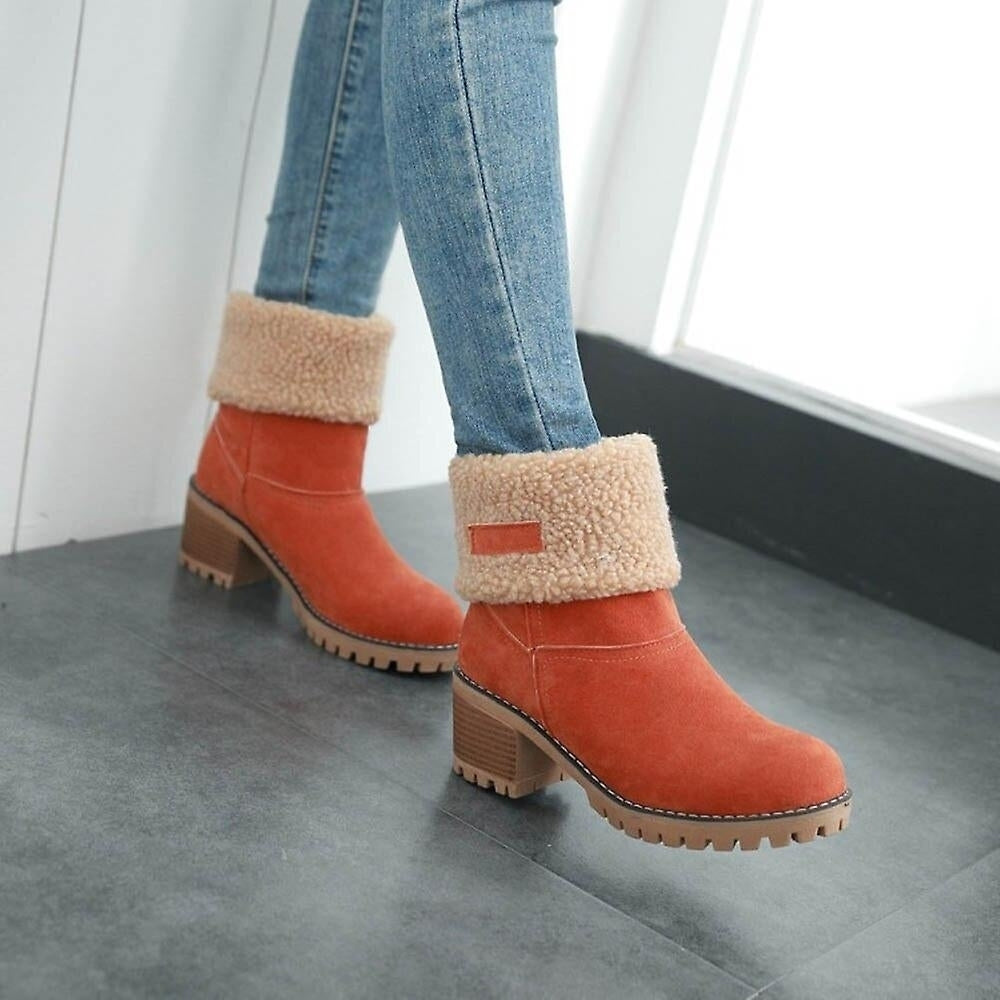 Women Winter Boots Short Snow Flock Warm Bootie Shoes Slip On Short Ankle Chunky Heel Boots Image 6