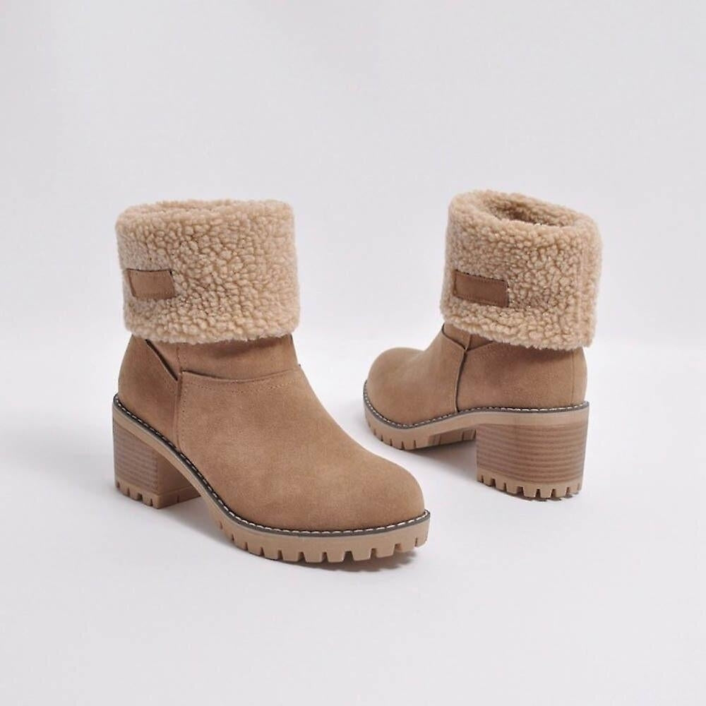 Women Winter Boots Short Snow Flock Warm Bootie Shoes Slip On Short Ankle Chunky Heel Boots Image 8