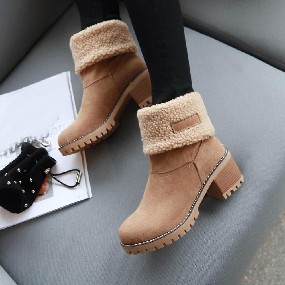 Women Winter Boots Short Snow Flock Warm Bootie Shoes Slip On Short Ankle Chunky Heel Boots Image 9