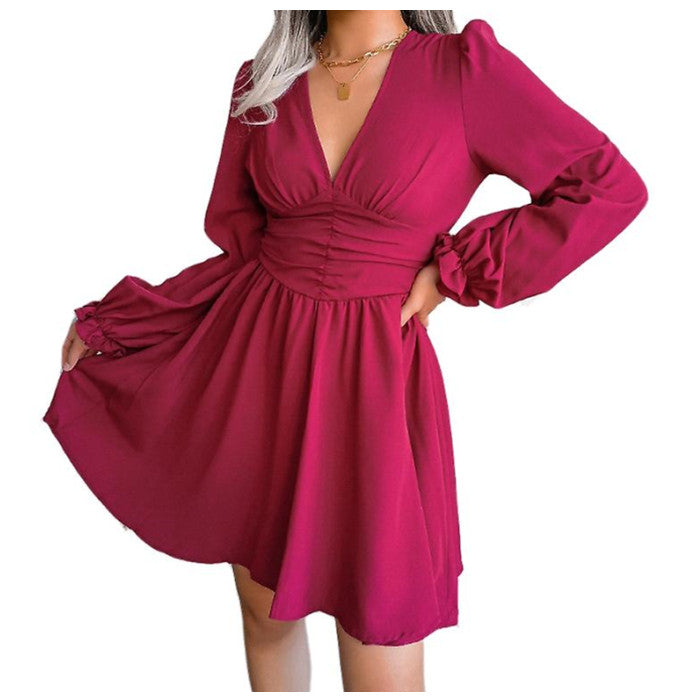 Women V Neck Waist Dress Winter Autumn Elegant Party Long Sleeve Sexy Dress Image 1