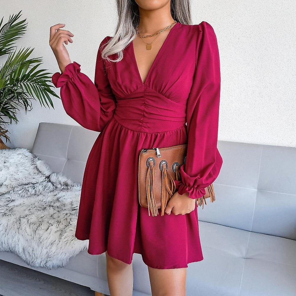 Women V Neck Waist Dress Winter Autumn Elegant Party Long Sleeve Sexy Dress Image 2