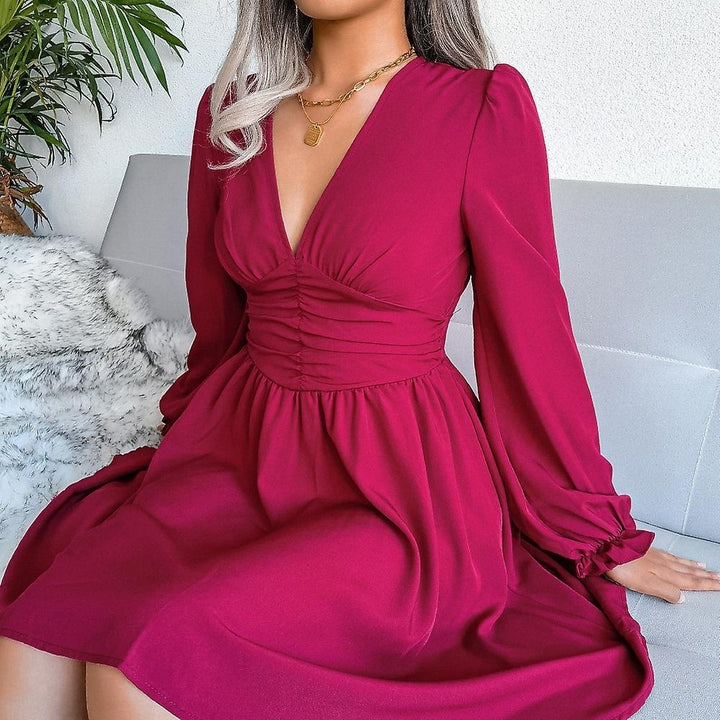 Women V Neck Waist Dress Winter Autumn Elegant Party Long Sleeve Sexy Dress Image 3