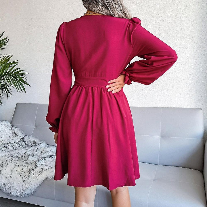 Women V Neck Waist Dress Winter Autumn Elegant Party Long Sleeve Sexy Dress Image 4