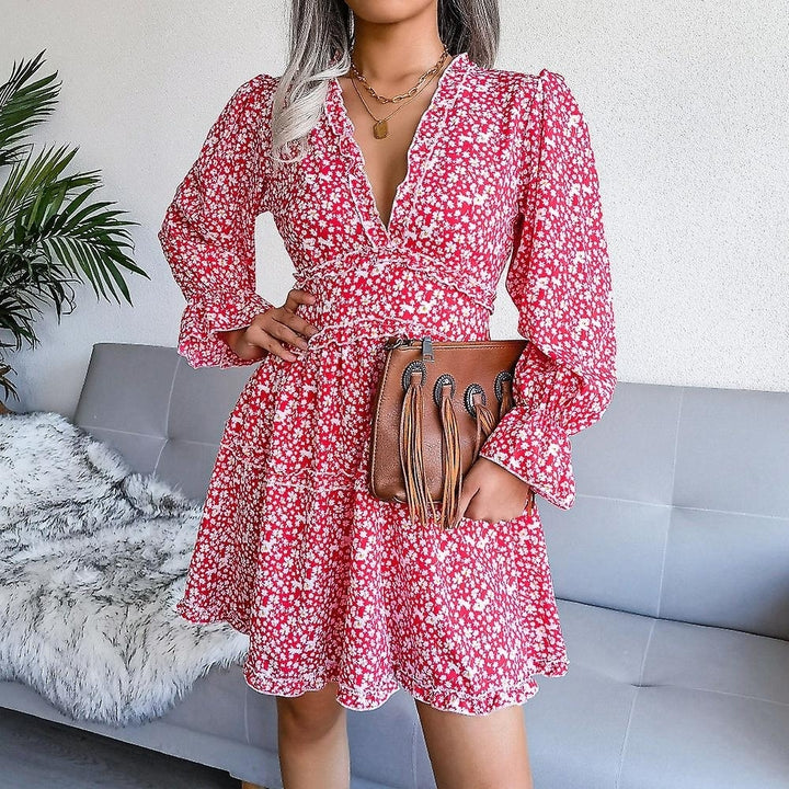 Women Floral Print Waist Dress Deep V Neck Sexy Long Sleeve Party Mini Dress Image 2