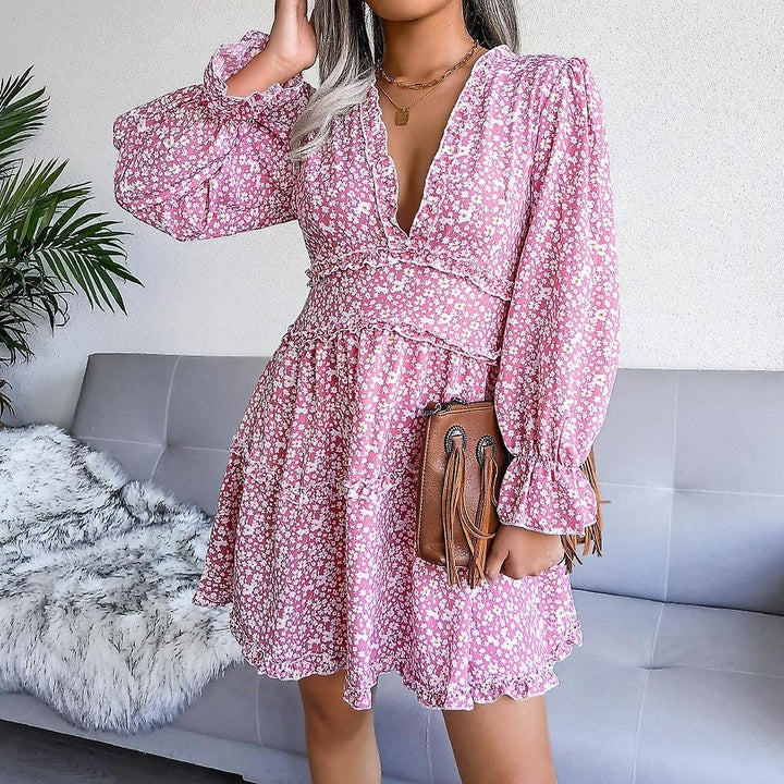 Women Floral Print Waist Dress Deep V Neck Sexy Long Sleeve Party Mini Dress Image 10