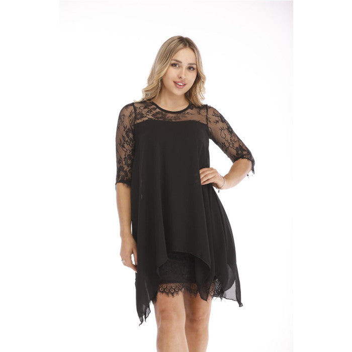 Women Lace Oversize Dress Summer Loose Irregular Short Dress Three Quarter Sleeve Chiffon Overlay Image 1