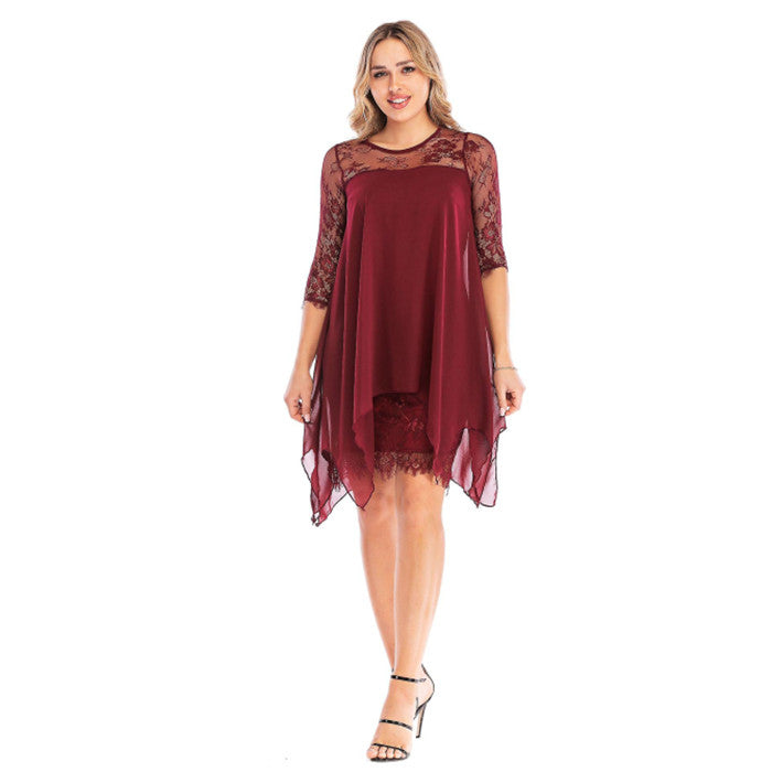 Women Lace Oversize Dress Summer Loose Irregular Short Dress Three Quarter Sleeve Chiffon Overlay Image 3