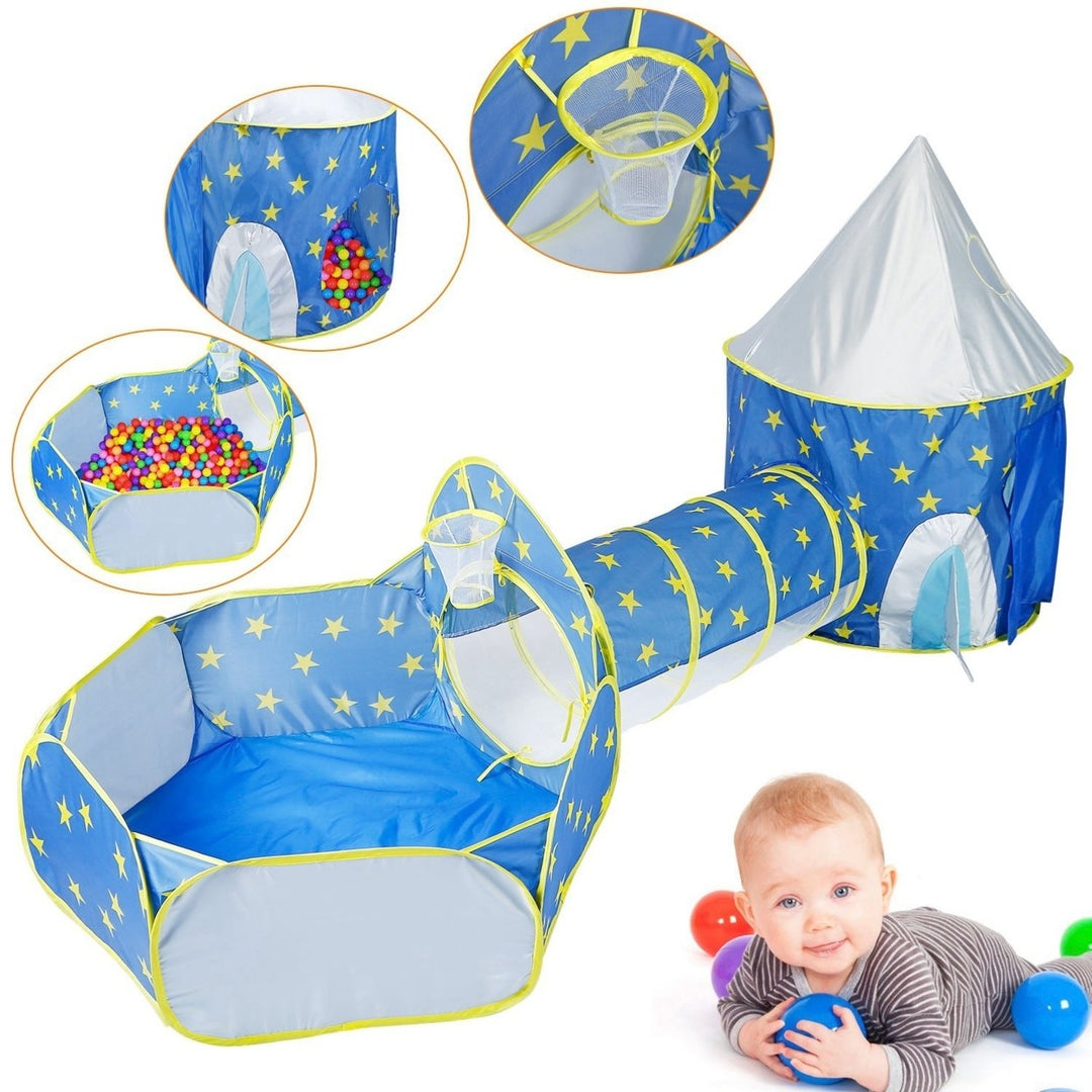 3 in 1 Kids Play Tent Crawl Tunnel Ball Pit Set Foldable Pink Blue 1-3 Years Image 6