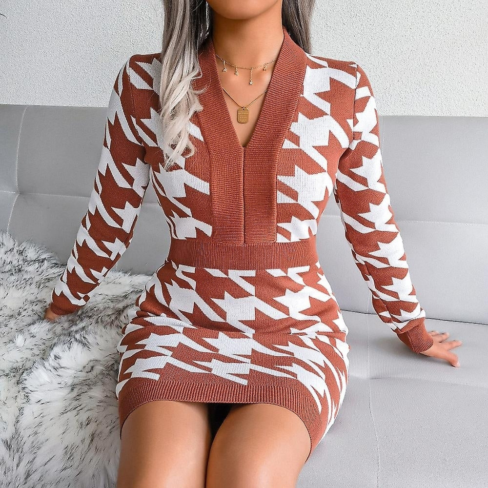 Houndstooth Print Sweater Dress V Neck Long Sleeve Knitted Bodycon Dress For Women Image 7