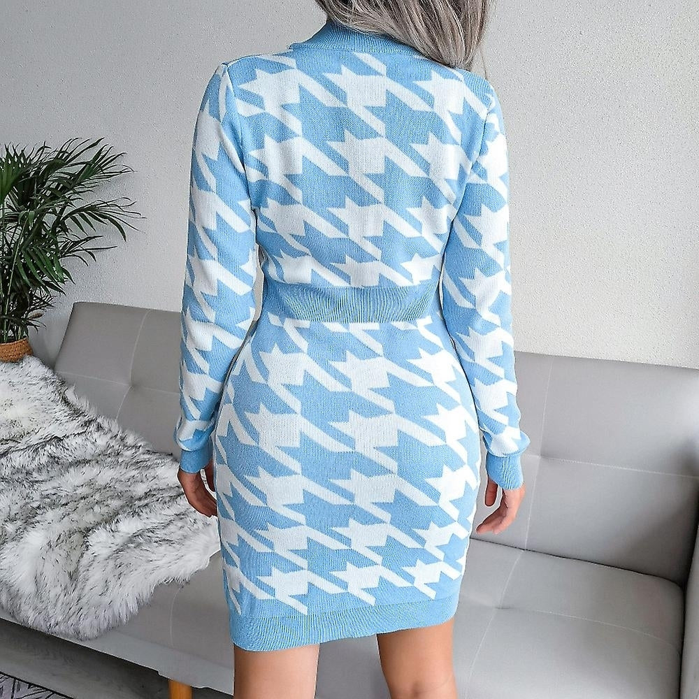 Houndstooth Print Sweater Dress V Neck Long Sleeve Knitted Bodycon Dress For Women Image 10