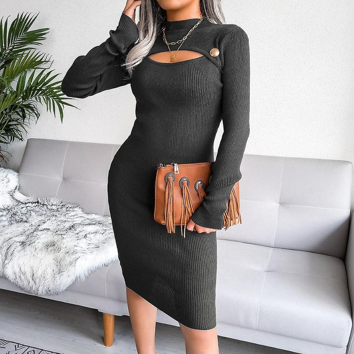 Winter Knitted Sweater Dress Women Cut Out Turtleneck Long Sleeve Bodycon Dress Image 1