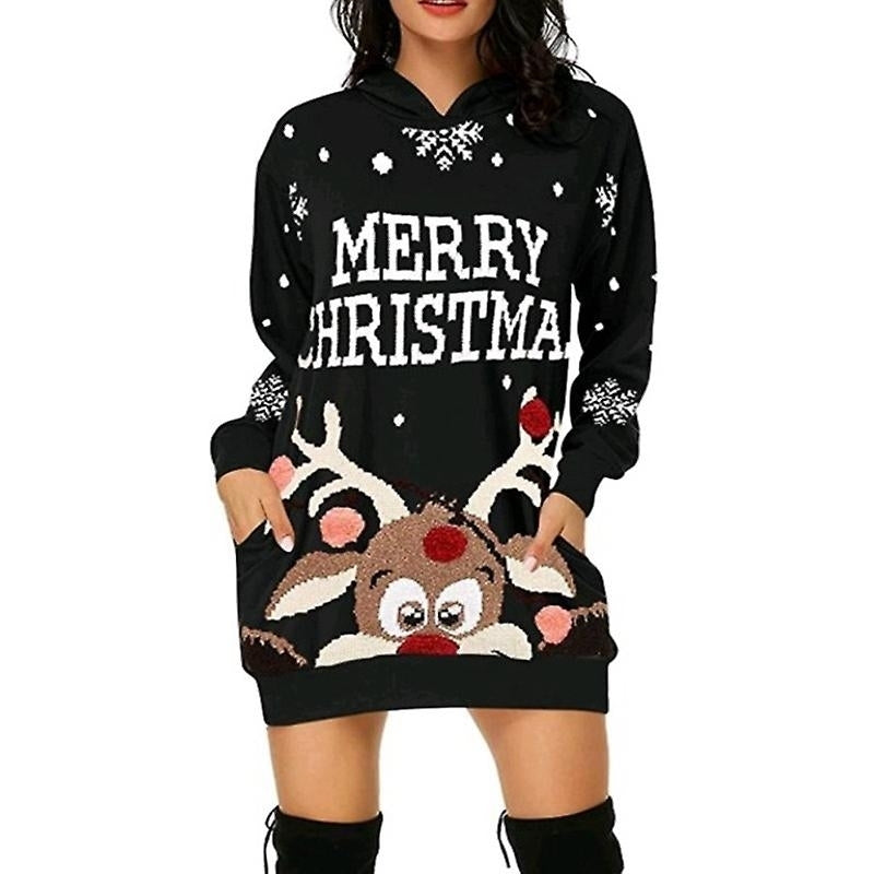 Women Christmas Hooded Dress Reindeer Print Sweater Loose Dress With Pockets Image 3