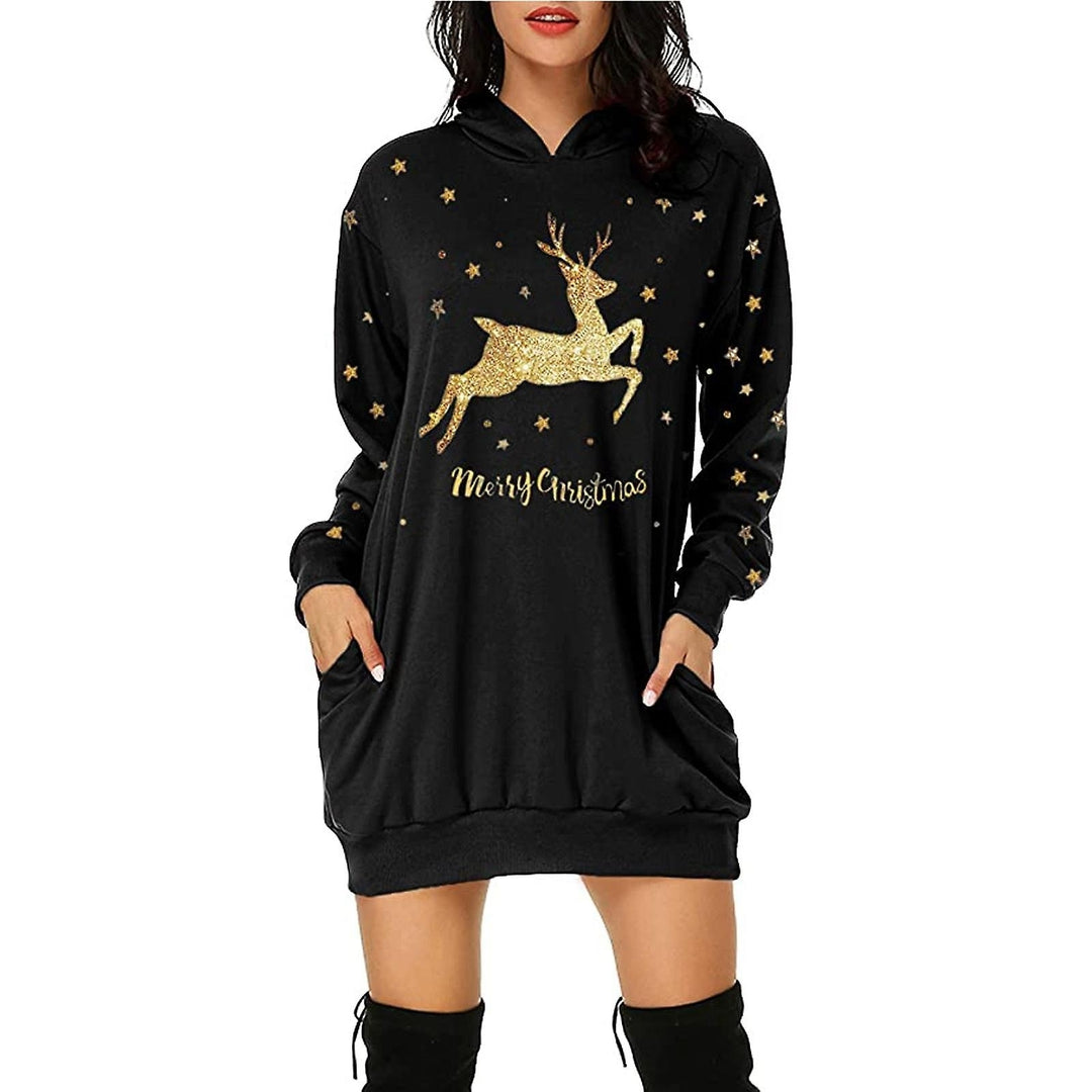 Women Christmas Hooded Dress Reindeer Print Sweater Loose Dress With Pockets Image 4