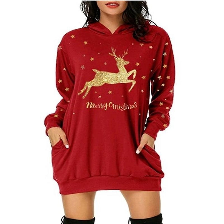 Women Christmas Hooded Dress Reindeer Print Sweater Loose Dress With Pockets Image 4