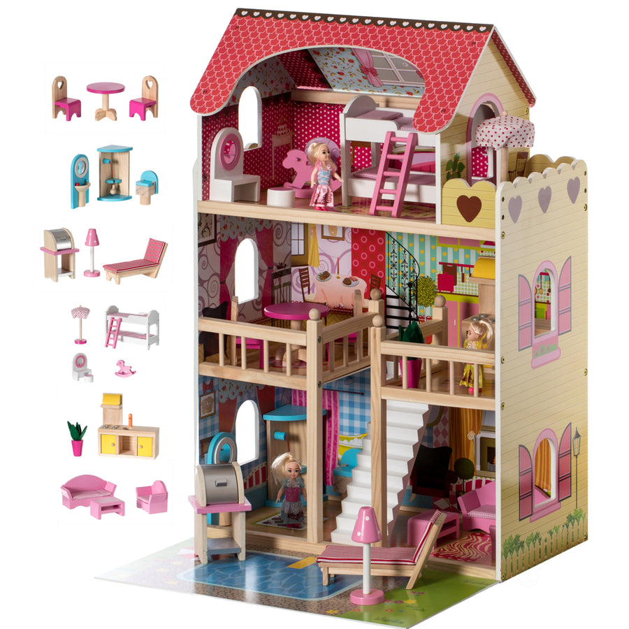 Wooden Dollhouse with LED Light Furniture Accessories 3 Levels 5 Rooms Ages 3+ Image 1