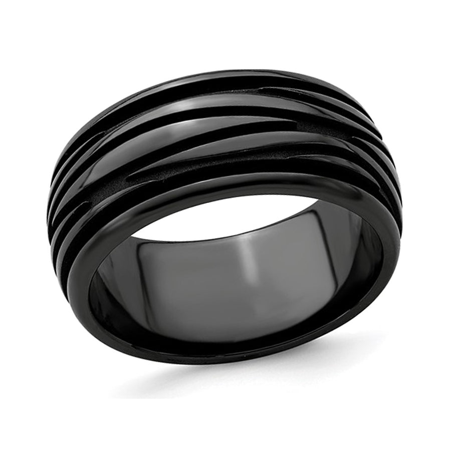 Mens Black Titanium Grooved Waves Band Ring (10mm) Image 1