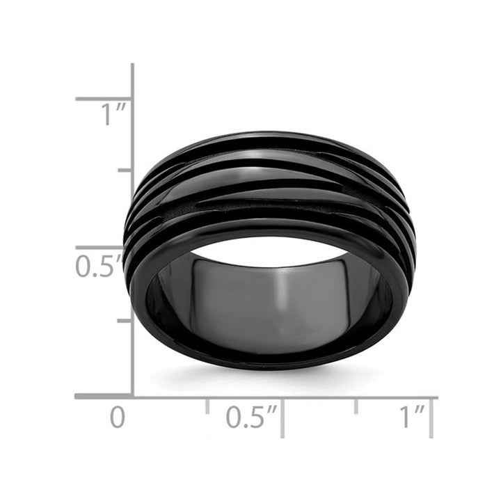 Mens Black Titanium Grooved Waves Band Ring (10mm) Image 2