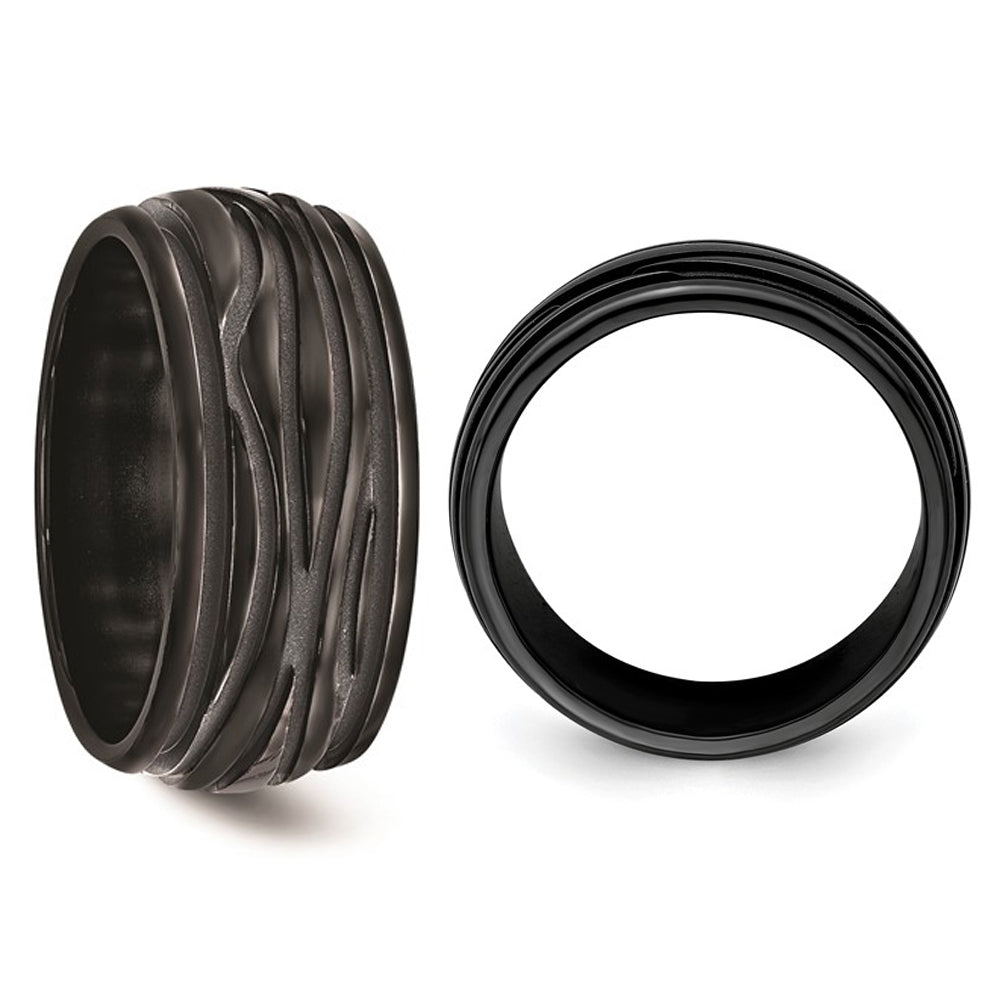 Mens Black Titanium Grooved Waves Band Ring (10mm) Image 3