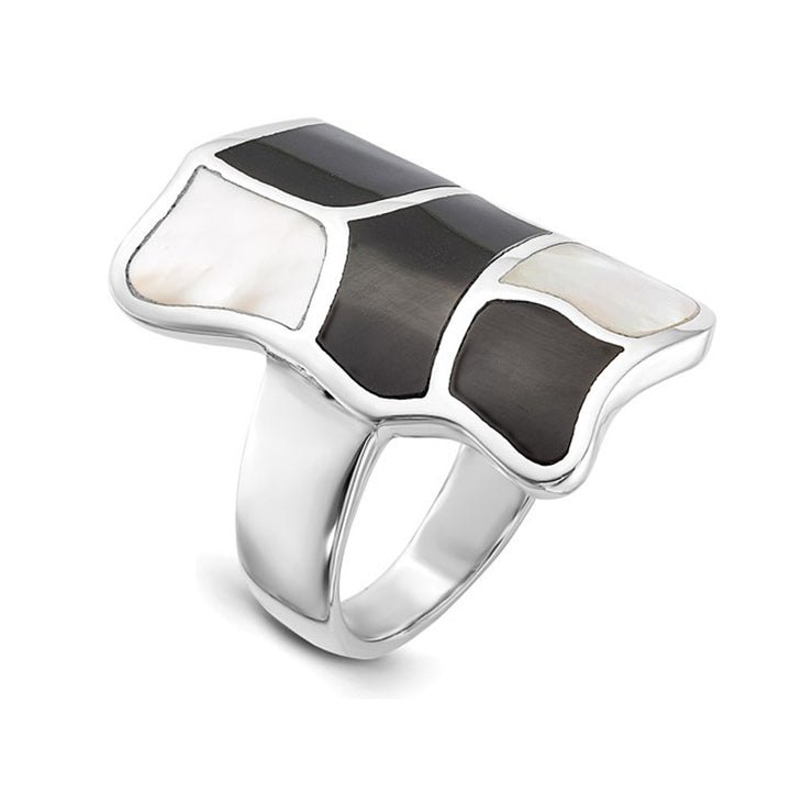 Mother of Pearl and Black Enamel Ring in Sterling Silver Image 1