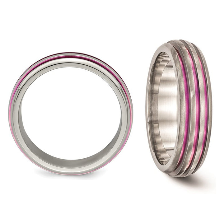 Ladies or Mens Titanium Pink Anodized Triple Grooved Band Ring (6mm) Image 4