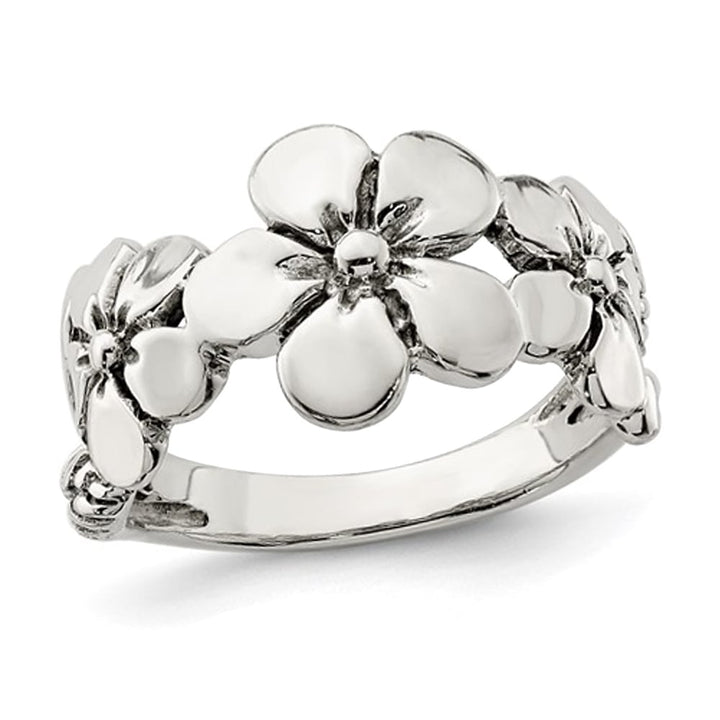 Sterling Silver Polished and Antiqued Flower Ring Image 1