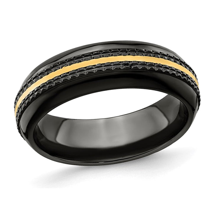 Mens Black Titanium Gold Stripe Center Band Ring (7mm) Image 1