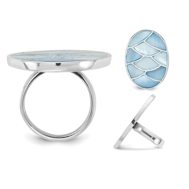 Blue Mother of Pearl Scalloped Oval Ring in Sterling Silver Image 3