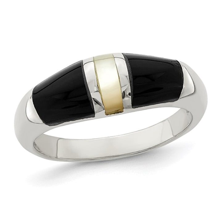 White Mother of Pearl and Onyx Ring in Sterling Silver Image 1