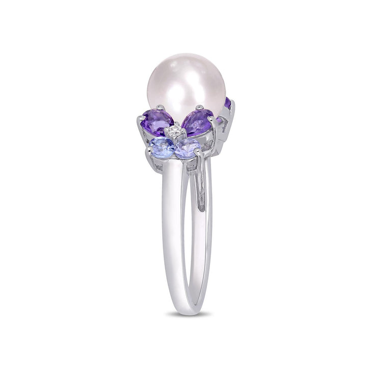 Cultured Freshwater Pearl (8mm) Tanzanite And Amethyst Earrings and Ring Set in Sterling Silver Image 3