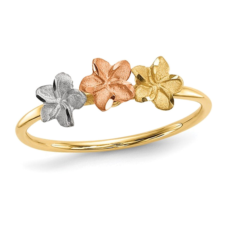 14K Yellow, White and Pink Gold Three Flower Ring (SIZE 7) Image 1