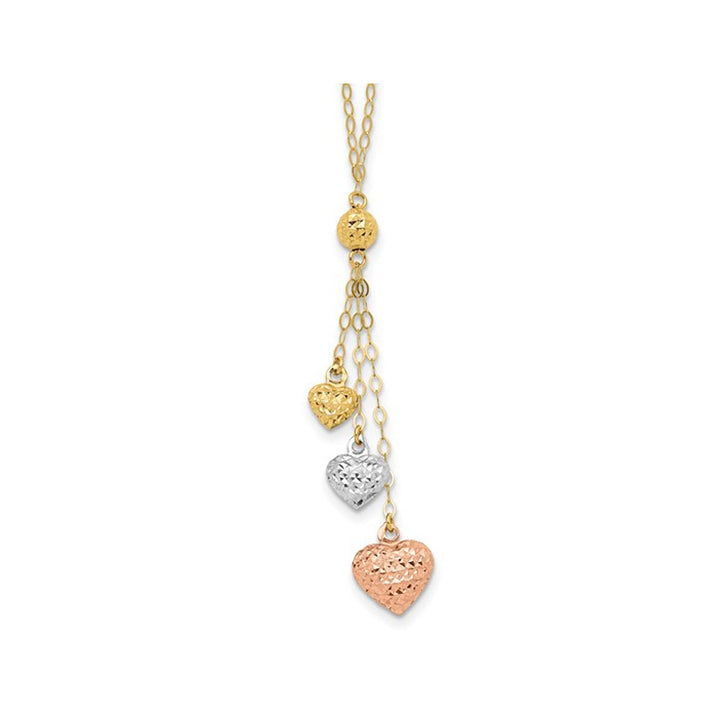 14K Rose White Yellow Gold Triple Heart Lariat Necklace Image 1