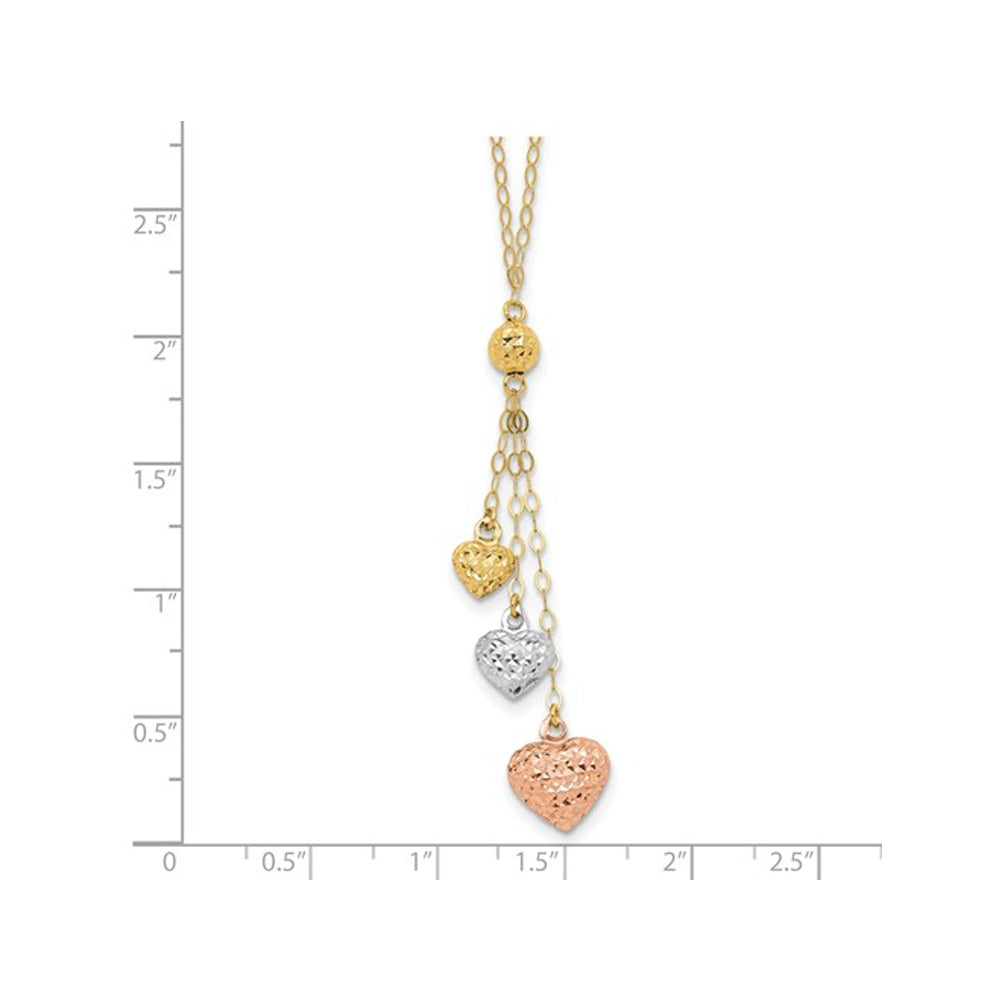 14K Rose White Yellow Gold Triple Heart Lariat Necklace Image 4