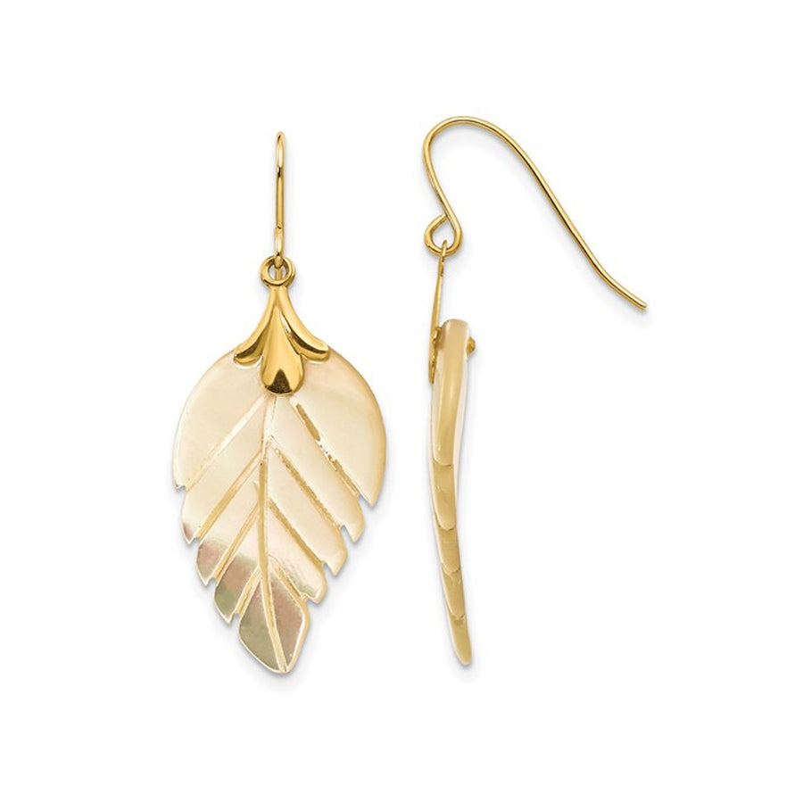 14K Yellow Gold Mother of Pearl Leaf Dangle Earrings Image 1