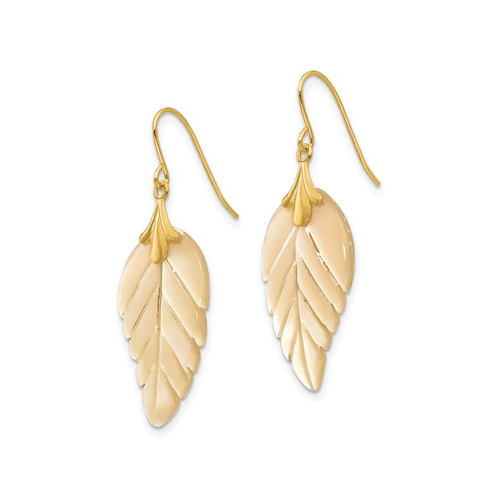 14K Yellow Gold Mother of Pearl Leaf Dangle Earrings Image 2