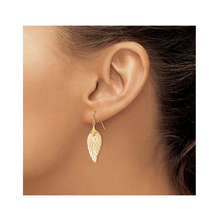 14K Yellow Gold Mother of Pearl Leaf Dangle Earrings Image 3