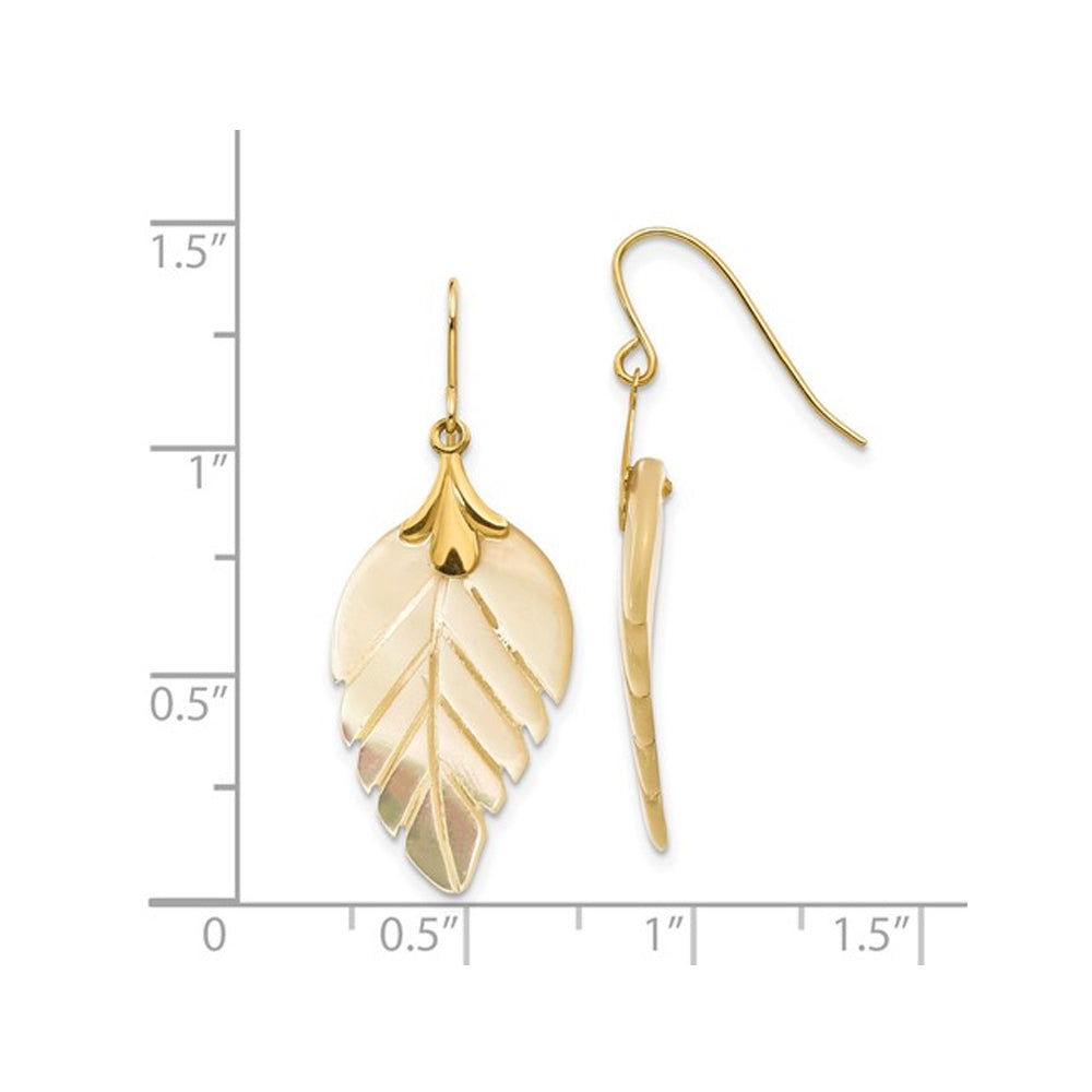 14K Yellow Gold Mother of Pearl Leaf Dangle Earrings Image 4