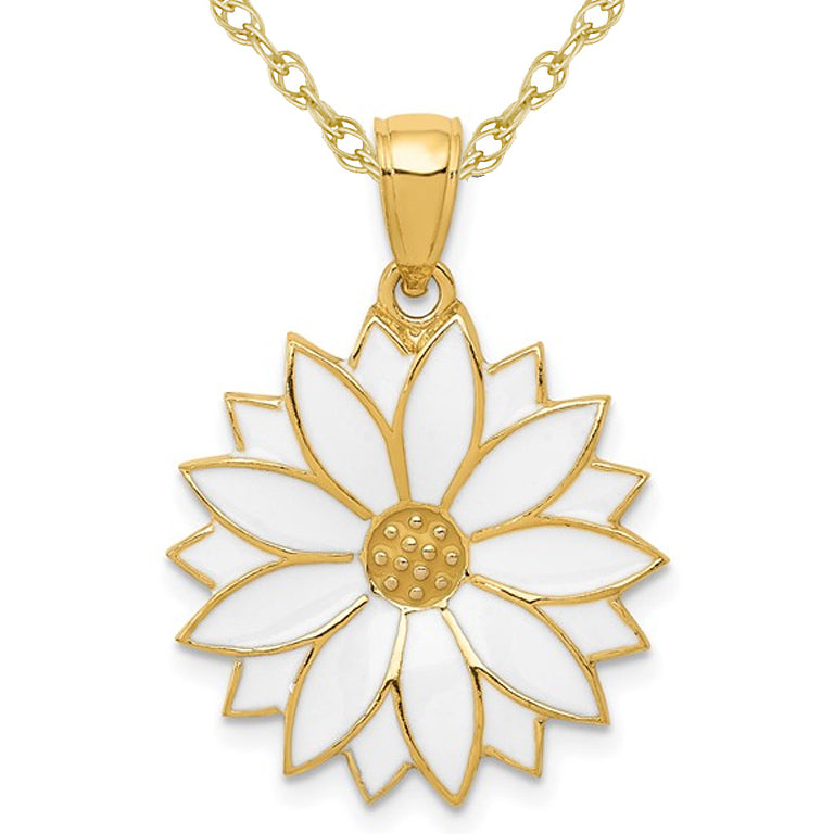 14K Yellow Gold White Enameled Daisy Flower Charm Pendant Necklace with Chain Image 1