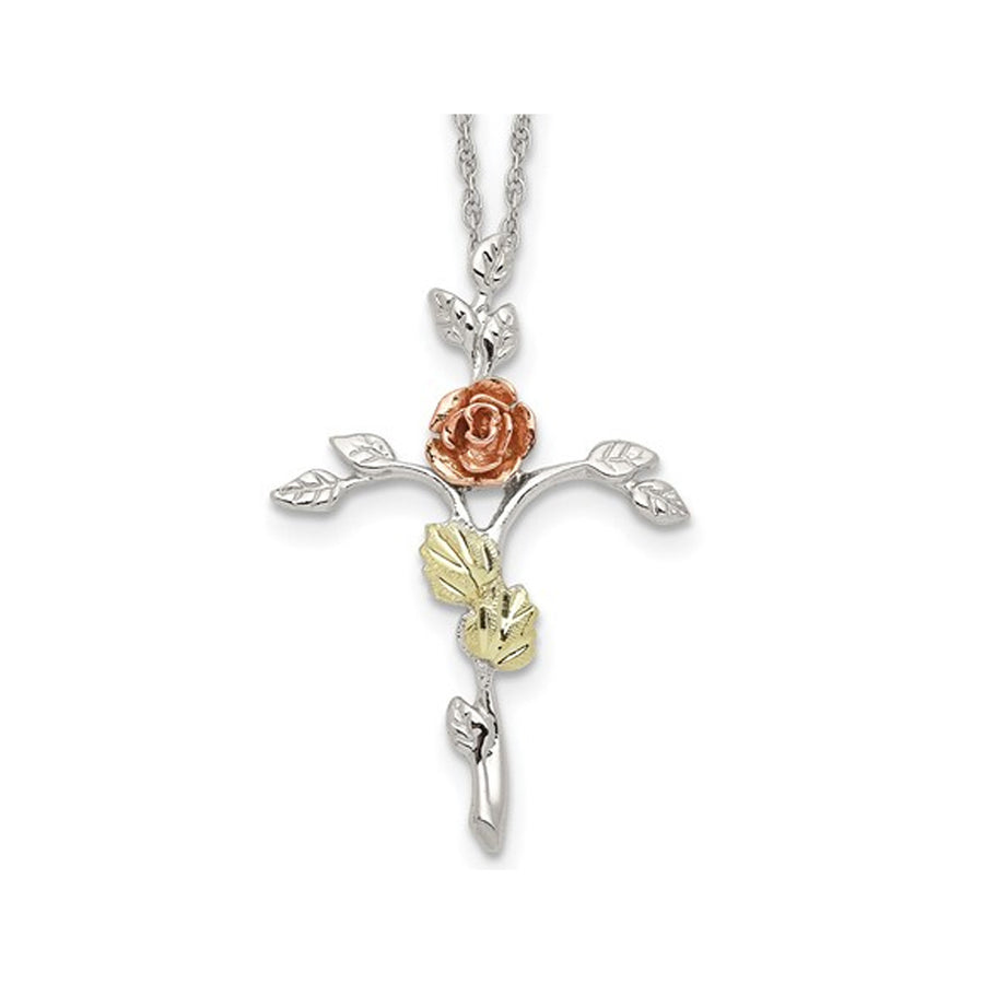 Sterling Silver Floral Cross Necklace Pendant With Gold Accents and Chain Image 1