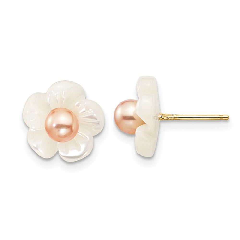 Freshwater Cultured Pearl and Mother of Pearl Flower Earrings in 14K Yellow Gold Image 1