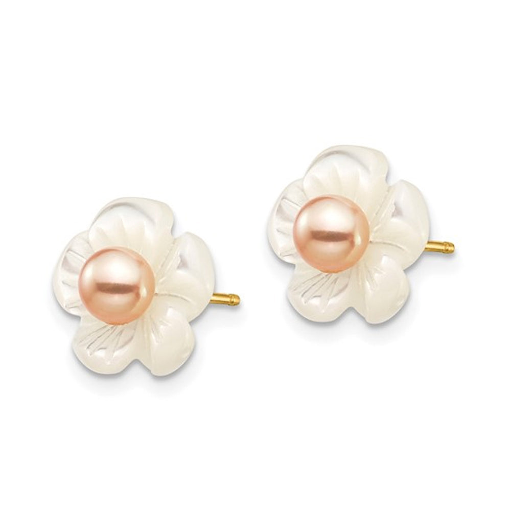 Freshwater Cultured Pearl and Mother of Pearl Flower Earrings in 14K Yellow Gold Image 2