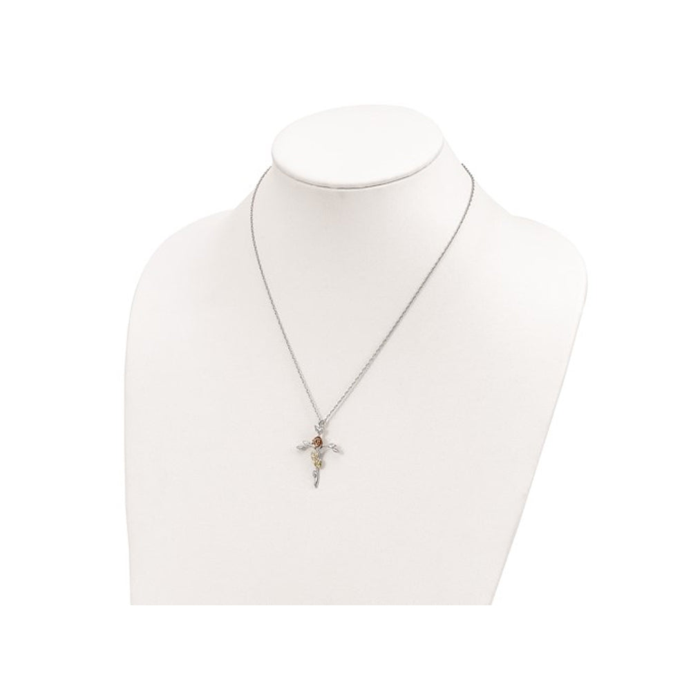 Sterling Silver Floral Cross Necklace Pendant With Gold Accents and Chain Image 2