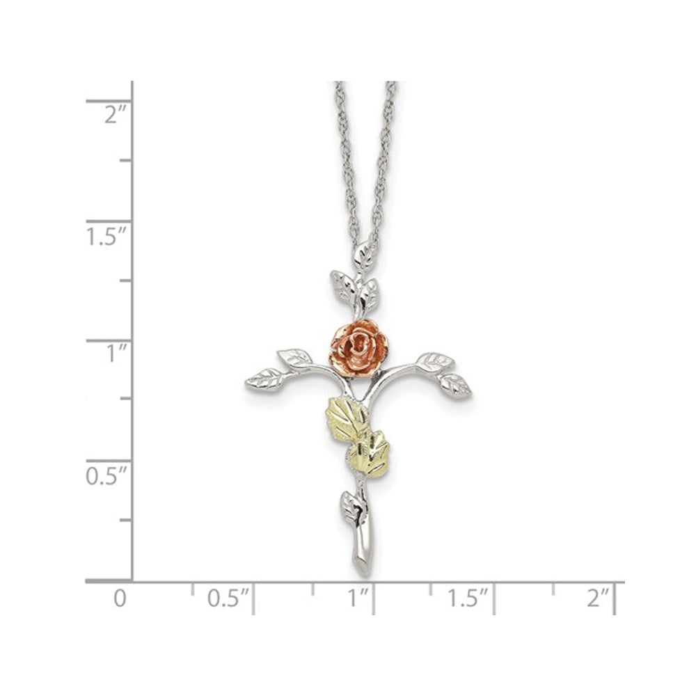 Sterling Silver Floral Cross Necklace Pendant With Gold Accents and Chain Image 3