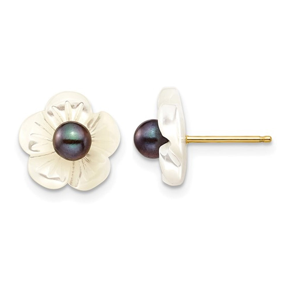 Black Freshwater Cultured Pearl 3-4mm and Mother of Pearl Flower Earrings in 14K Yellow Gold Image 1