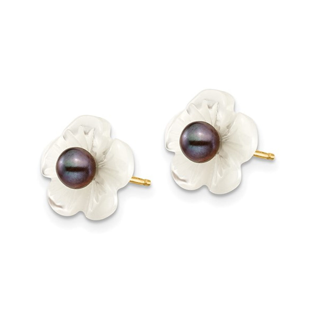 Black Freshwater Cultured Pearl 3-4mm and Mother of Pearl Flower Earrings in 14K Yellow Gold Image 2