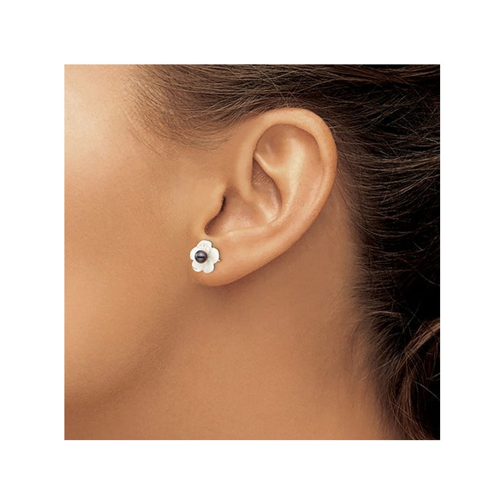 Black Freshwater Cultured Pearl 3-4mm and Mother of Pearl Flower Earrings in 14K Yellow Gold Image 3