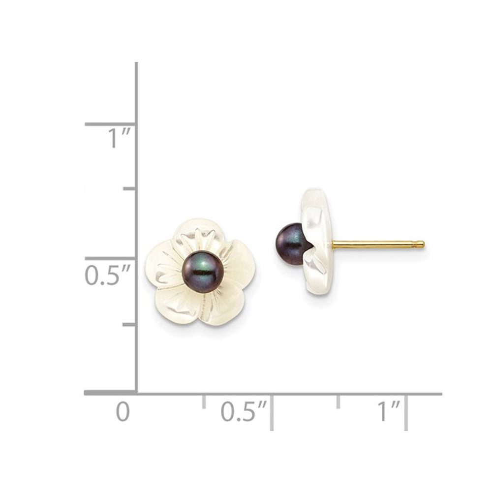 Black Freshwater Cultured Pearl 3-4mm and Mother of Pearl Flower Earrings in 14K Yellow Gold Image 4