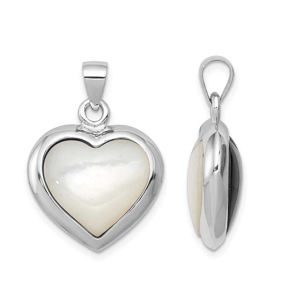 Onyx and Mother Of Pearl Reversible Heart Pendant Necklace in Sterling Silver with Chain Image 3