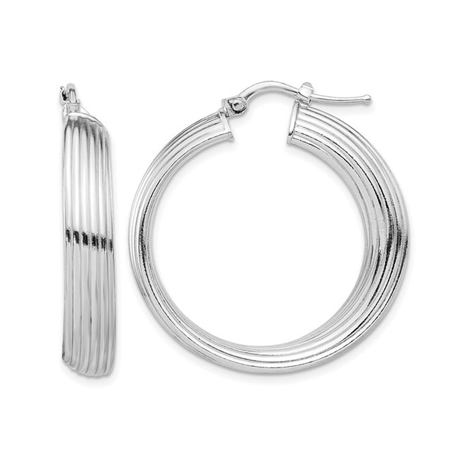 Sterling Silver Round Grooved Hoop Earrings Image 1