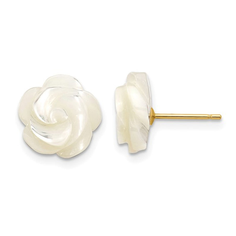 White Mother of Pearl Flower Earrings in 14K Yellow Gold Image 1